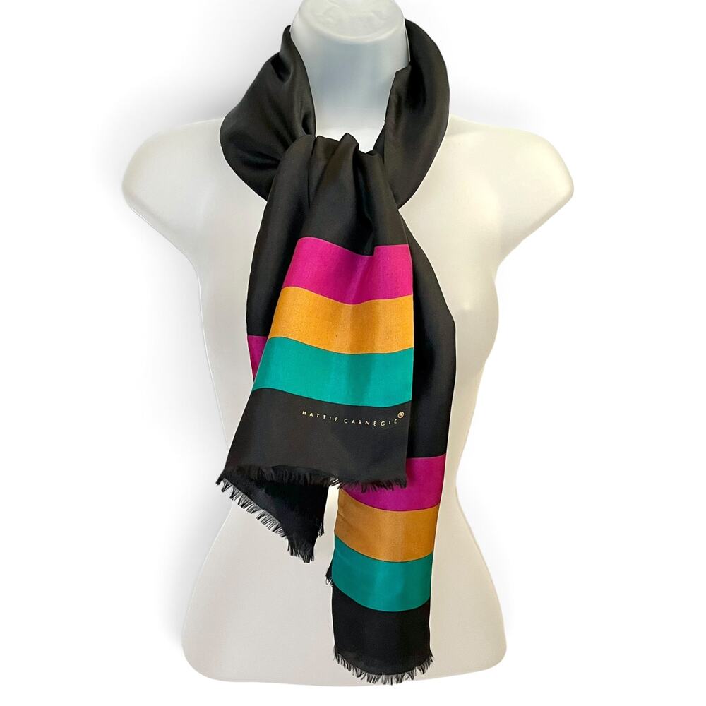 Vintage Hattie Carnegie Black Wool-Lined Striped Silk Twill Long Fringe Scarf